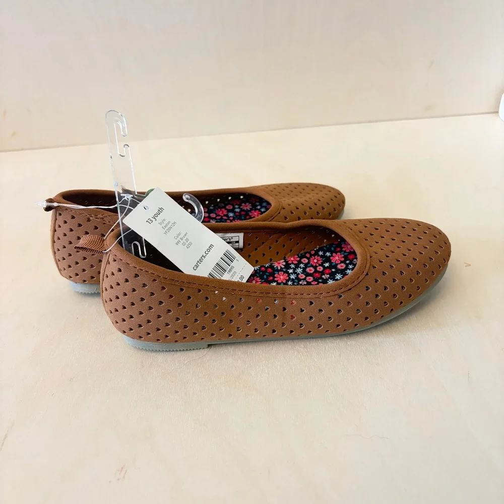 Carter's Easton Ballet Flat Girls 13 Brown Heart Laser Cutout Slip on Shoes NEW